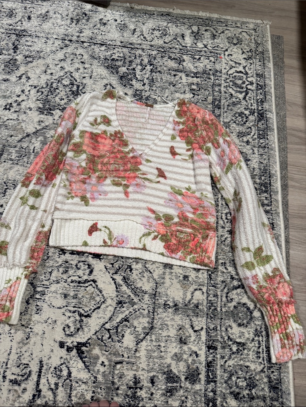 Free People Floral V-Neck Cropped Sweater - White, Pink & Green